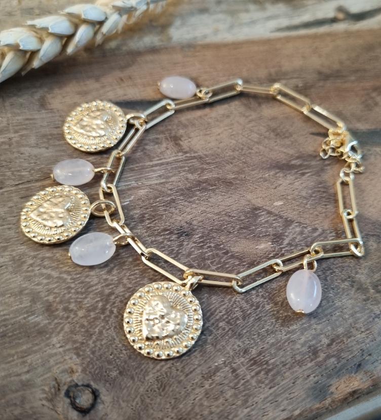 esha jewel Armband Silber 925 rhodiniert mit rosenquarz Stein, gelb vergoldet