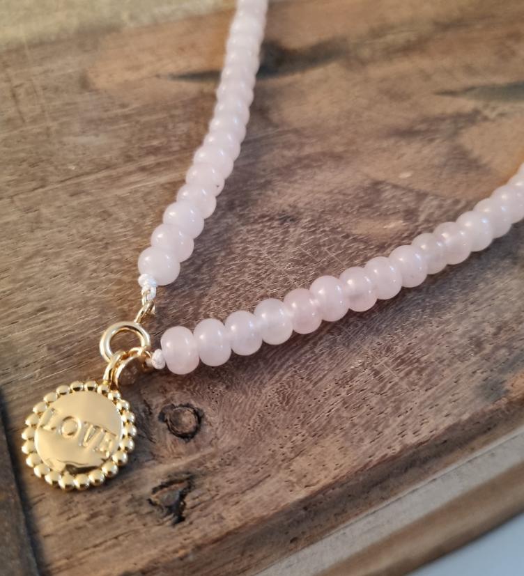 esha jewel Stein Rosenquarz Halskette mit Silberteil 925 Love gelb vergoldet