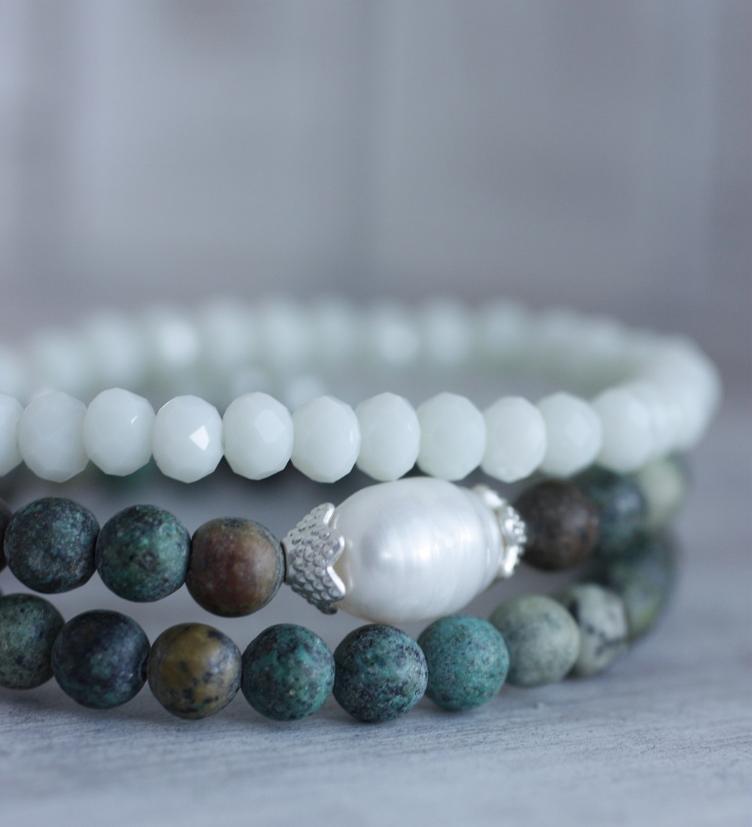 esha jewel Elastikarmband aus echten Steinen, afrikanischer Türkis und Perle - 2