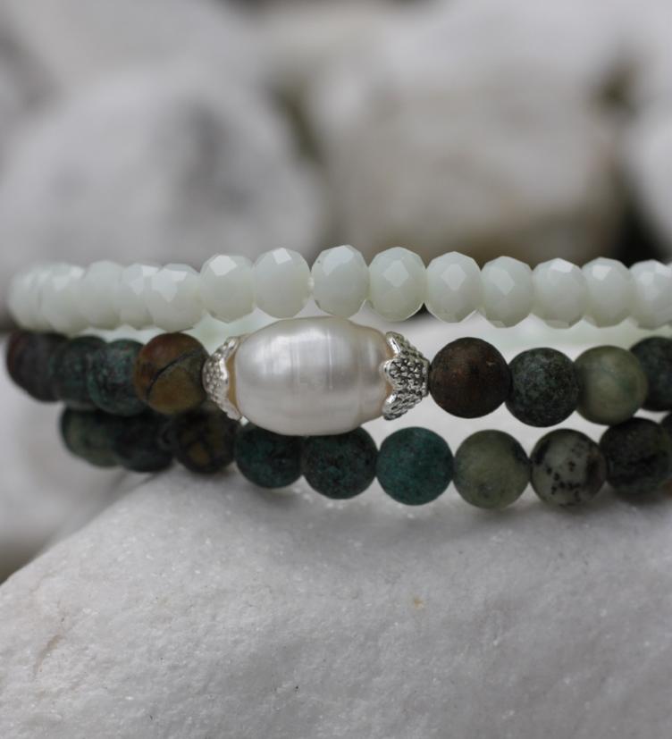 esha jewel Elastikarmband aus echten Steinen, afrikanischer Türkis und Perle - 0