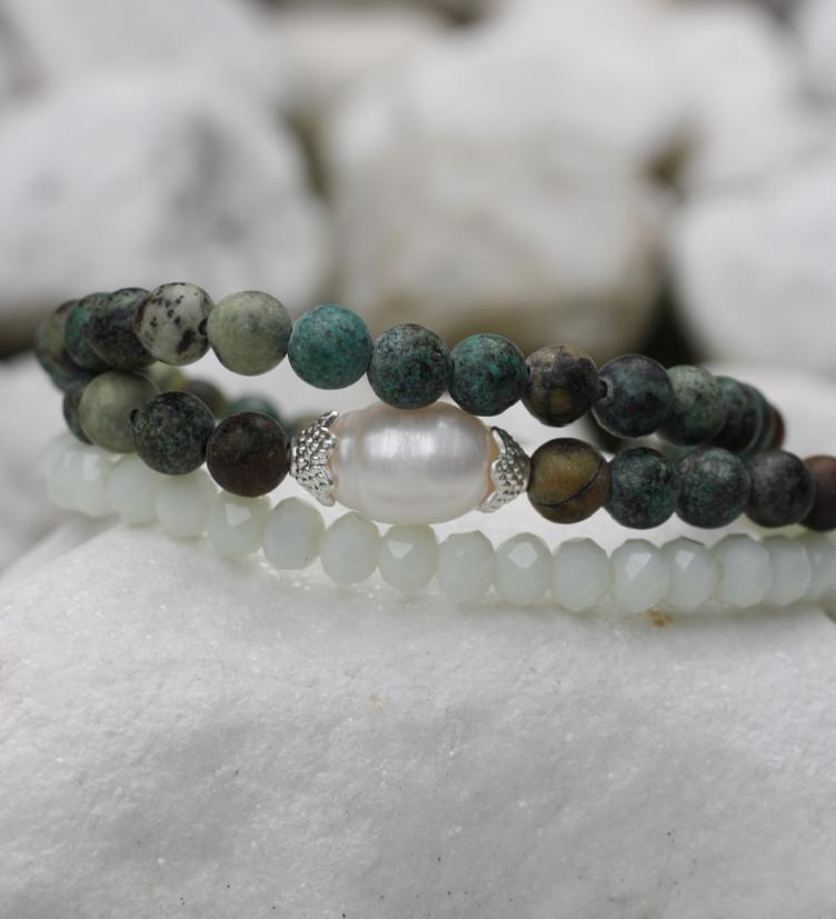 esha jewel Elastikarmband aus echten Steinen, afrikanischer Türkis und Perle - 3