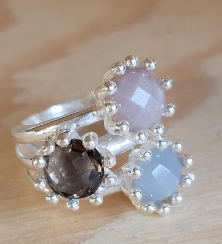 esha jewel Fingerring Silber 925 facettierter Rauchquarz / grauer Mondstein / Chocolate Mondstein